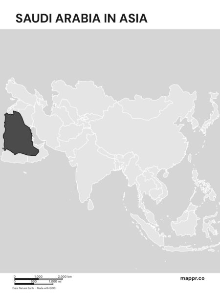 A map highlighting Saudi Arabia's location on the asian continent (black and white).