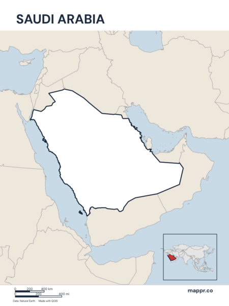 Outline map of Saudi Arabia with detailed country borders.