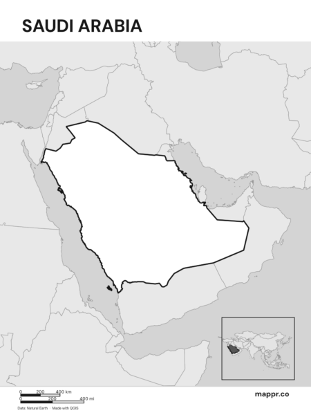 Outline map of Saudi Arabia with detailed country borders (black and white).