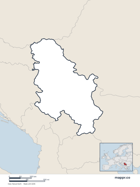 Blank political map of Serbia showing its international borders without labels.