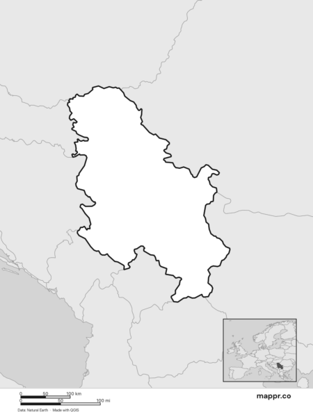 Blank political map of Serbia showing its international borders without labels (black and white).