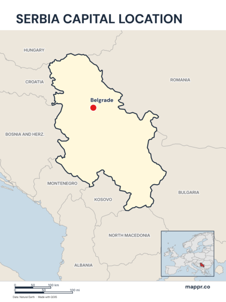 Detailed map pinpointing Belgrade, the capital of Serbia.
