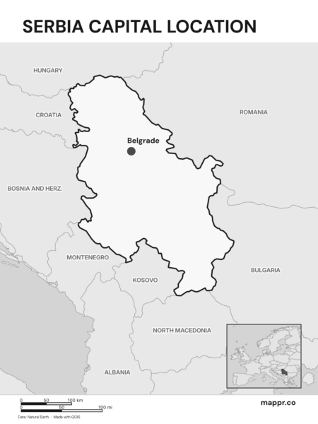 Detailed map pinpointing Belgrade, the capital of Serbia (black and white).