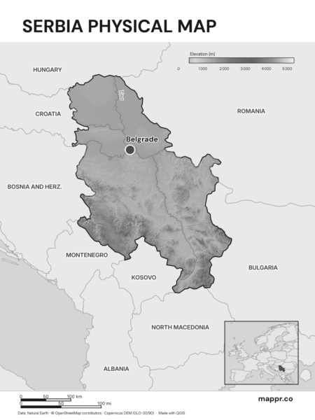 Map featuring Belgrade, the capital of Serbia, with rich topographical detail (black and white).