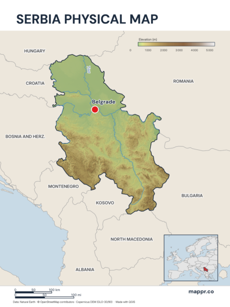 Map featuring Belgrade, the capital of Serbia, with rich topographical detail.