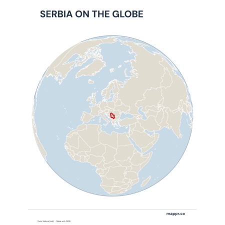 A map highlighting Serbia's location on a globe, marked with a red outline.
