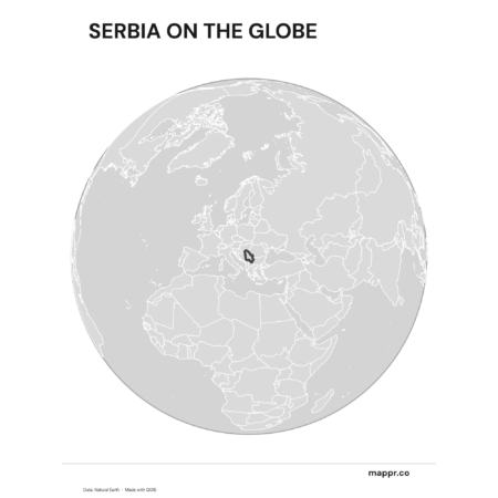 A map highlighting Serbia's location on a globe, marked with a red outline (black and white).