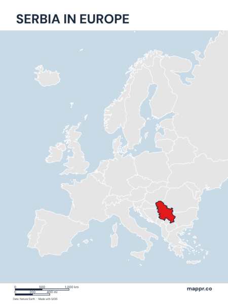 A map highlighting Serbia's location on the european continent.