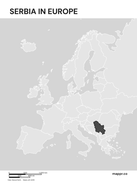 A map highlighting Serbia's location on the european continent (black and white).