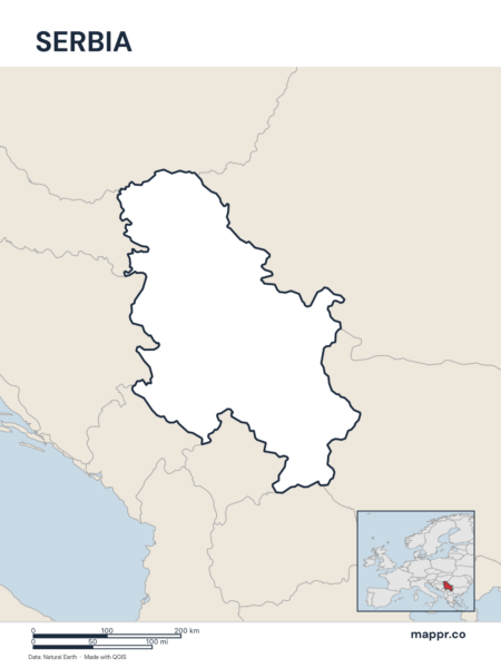 Outline map of Serbia with detailed country borders.
