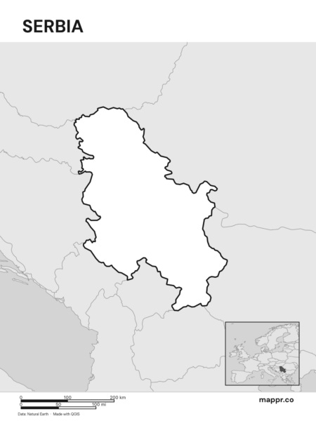 Outline map of Serbia with detailed country borders (black and white).