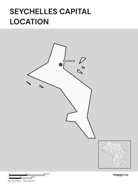 Detailed map pinpointing Victoria, the capital of Seychelles (black and white).