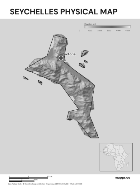 Map featuring Victoria, the capital of Seychelles, with rich topographical detail (black and white).