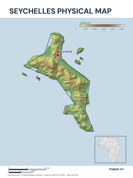 Map featuring Victoria, the capital of Seychelles, with rich topographical detail.