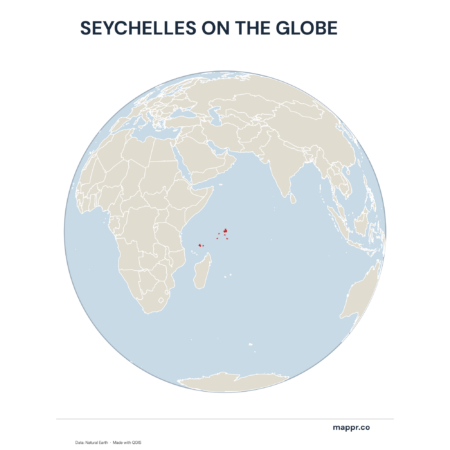 A map highlighting Seychelles's location on a globe, marked with a red outline.