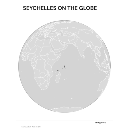 A map highlighting Seychelles's location on a globe, marked with a red outline (black and white).