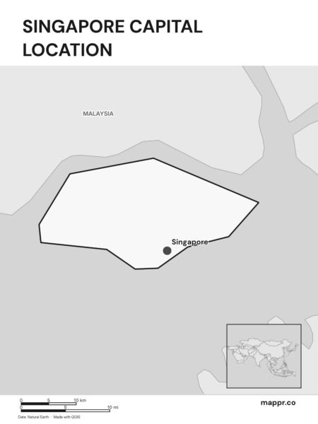 Detailed map pinpointing Singapore, the capital of Singapore (black and white).