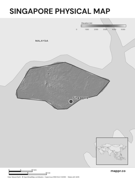 Map featuring Singapore, the capital of Singapore, with rich topographical detail (black and white).