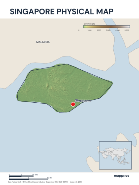 Map featuring Singapore, the capital of Singapore, with rich topographical detail.
