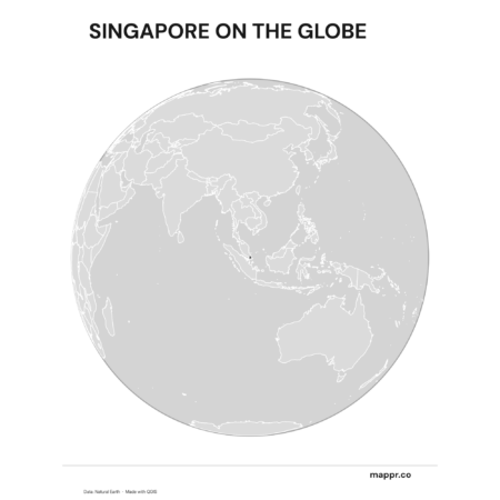 A map highlighting Singapore's location on a globe, marked with a red outline (black and white).