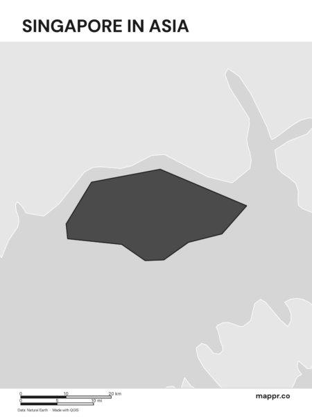 A map highlighting Singapore's location on the asian continent (black and white).