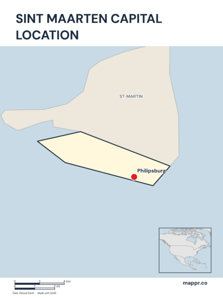 Detailed map pinpointing Philipsburg, the capital of Sint Maarten.