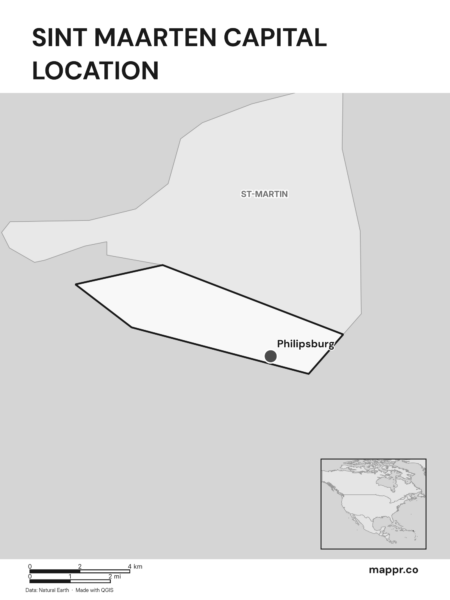 Detailed map pinpointing Philipsburg, the capital of Sint Maarten (black and white).
