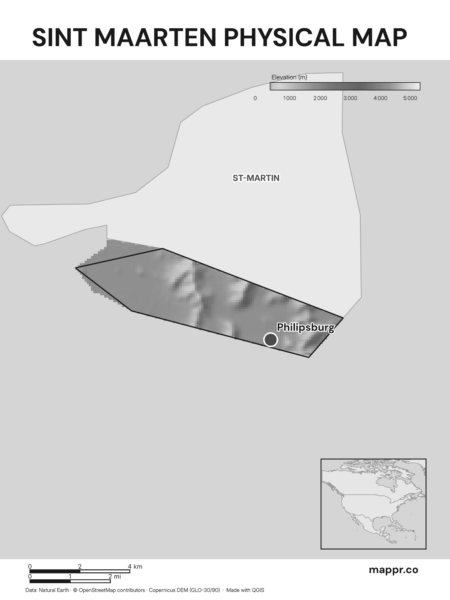 Map featuring Philipsburg, the capital of Sint Maarten, with rich topographical detail (black and white).