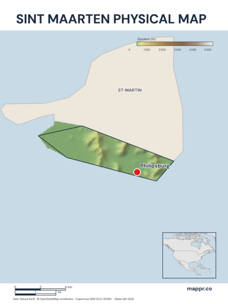 Map featuring Philipsburg, the capital of Sint Maarten, with rich topographical detail.