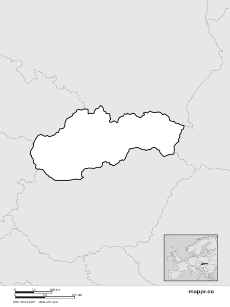 Blank political map of Slovakia showing its international borders without labels (black and white).