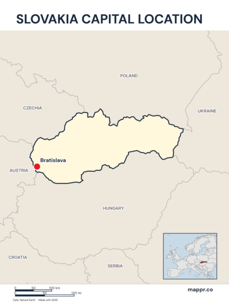 Detailed map pinpointing Bratislava, the capital of Slovakia.