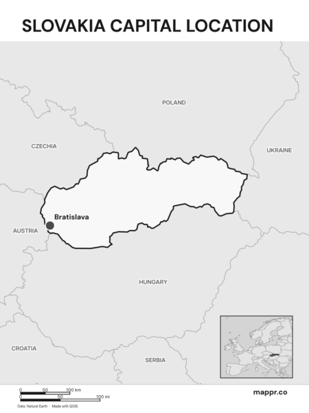 Detailed map pinpointing Bratislava, the capital of Slovakia (black and white).