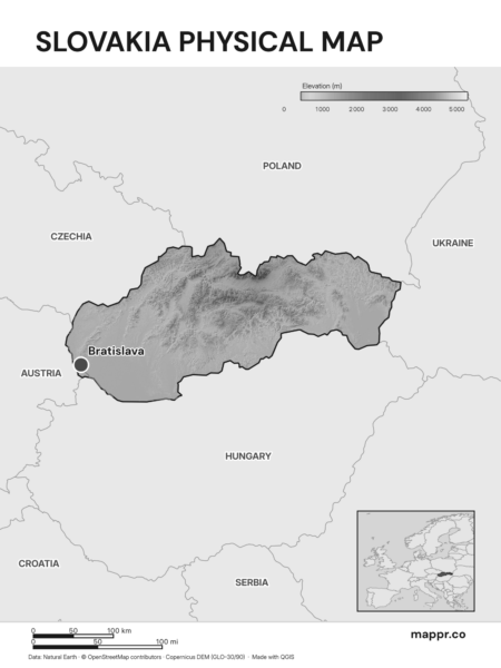 Map featuring Bratislava, the capital of Slovakia, with rich topographical detail (black and white).