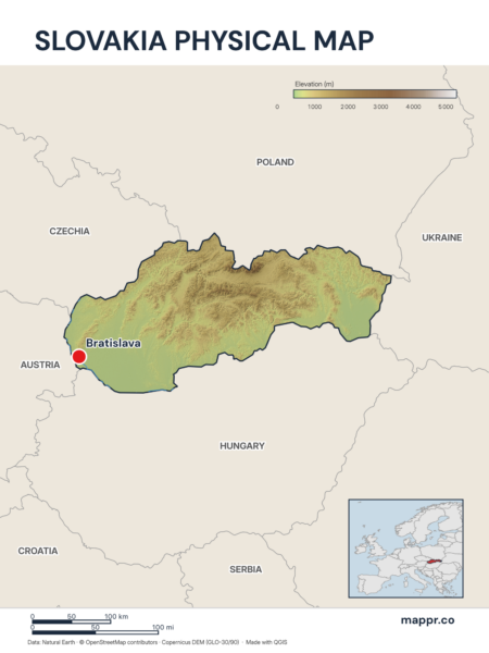 Map featuring Bratislava, the capital of Slovakia, with rich topographical detail.