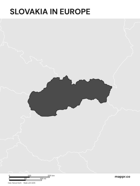 A map highlighting Slovakia's location on the european continent (black and white).