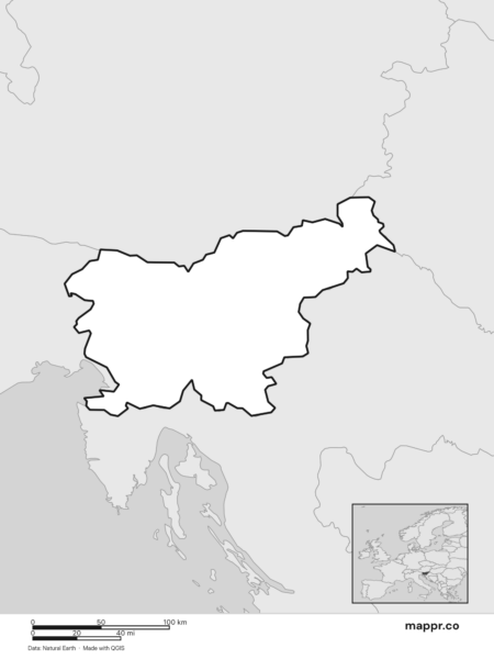 Blank political map of Slovenia showing its international borders without labels (black and white).