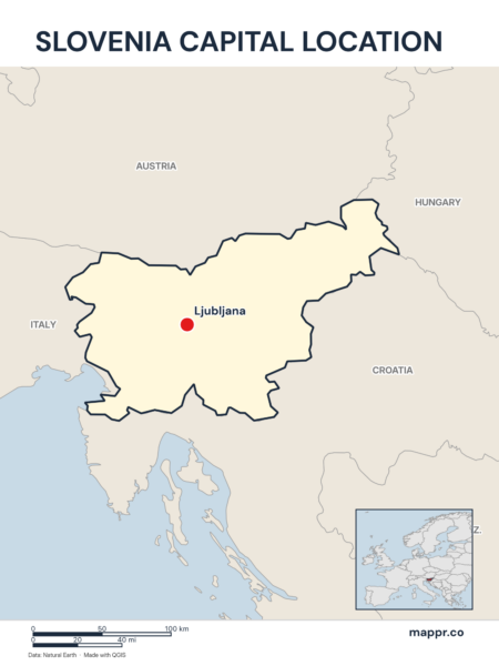 Detailed map pinpointing Ljubljana, the capital of Slovenia.