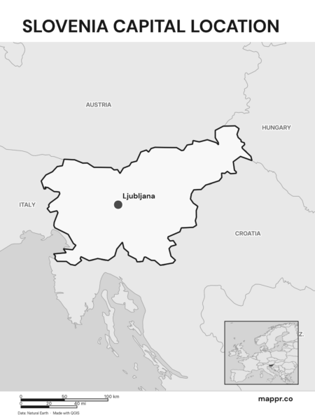 Detailed map pinpointing Ljubljana, the capital of Slovenia (black and white).