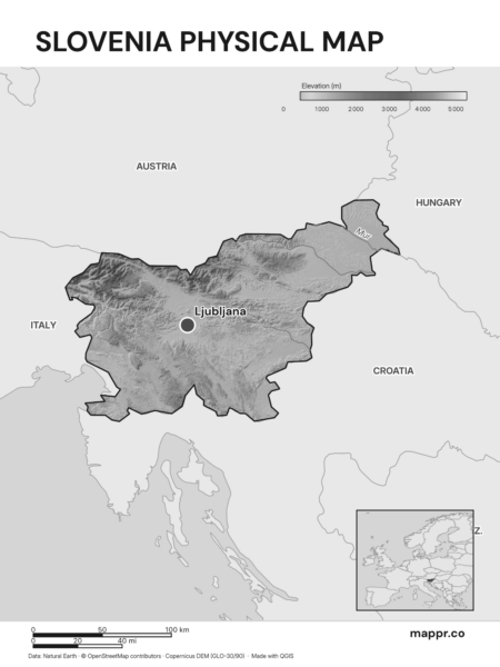 Map featuring Ljubljana, the capital of Slovenia, with rich topographical detail (black and white).