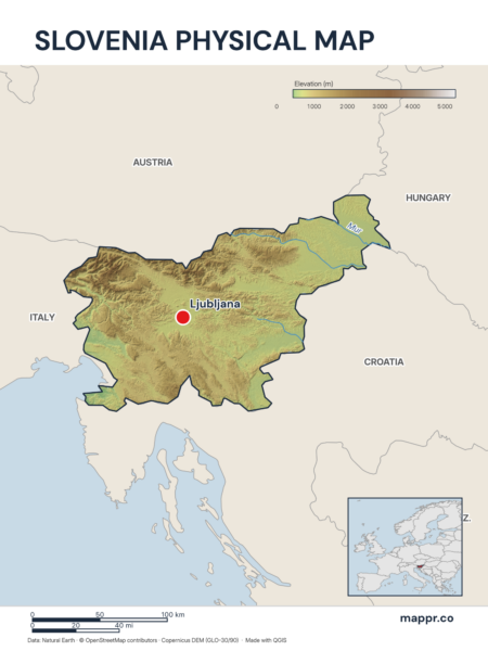 Map featuring Ljubljana, the capital of Slovenia, with rich topographical detail.