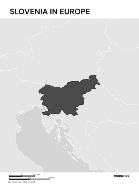 A map highlighting Slovenia's location on the european continent (black and white).