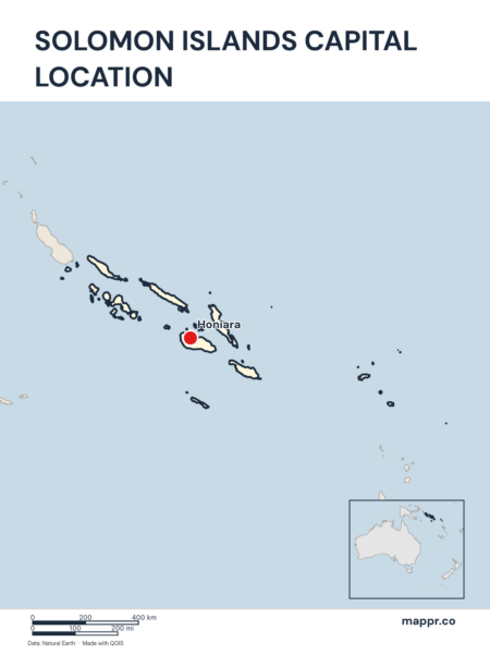 Detailed map pinpointing Honiara, the capital of Solomon Islands.
