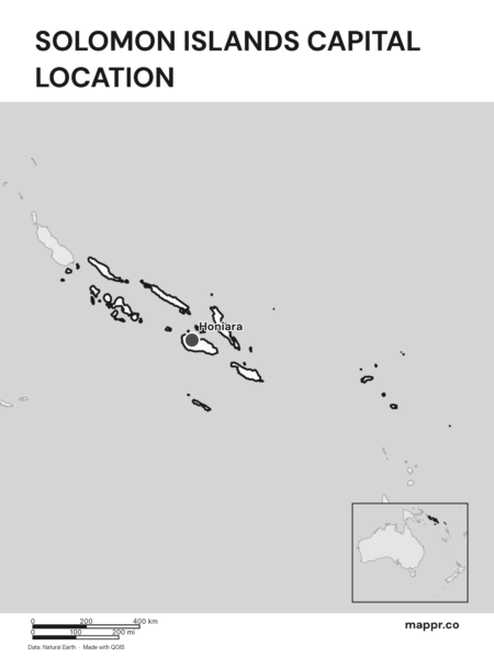 Detailed map pinpointing Honiara, the capital of Solomon Islands (black and white).