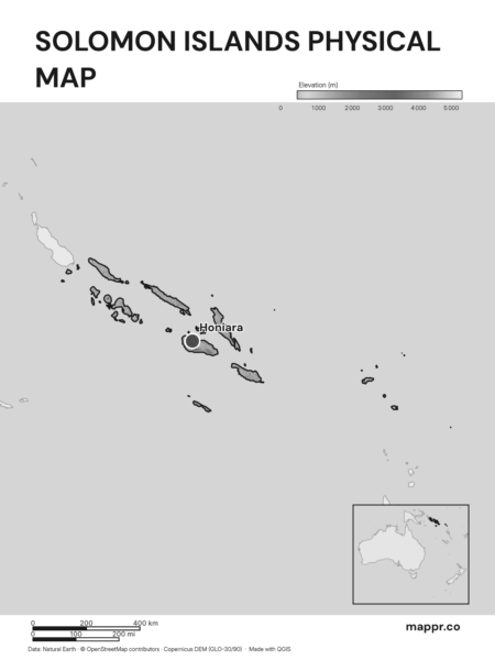 Map featuring Honiara, the capital of Solomon Islands, with rich topographical detail (black and white).