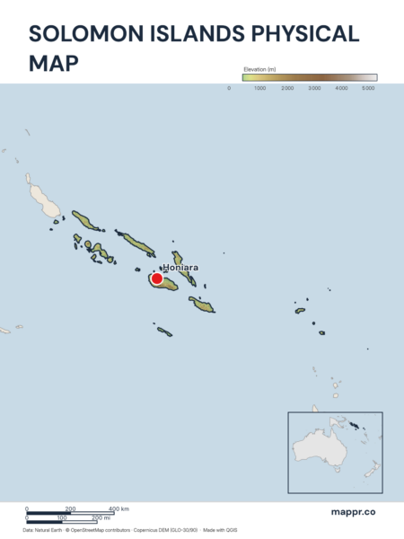 Map featuring Honiara, the capital of Solomon Islands, with rich topographical detail.
