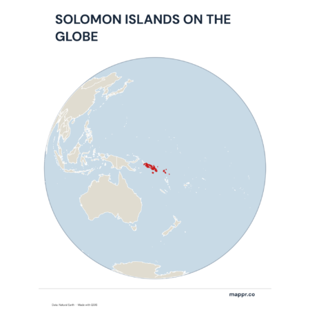 A map highlighting Solomon Islands's location on a globe, marked with a red outline.