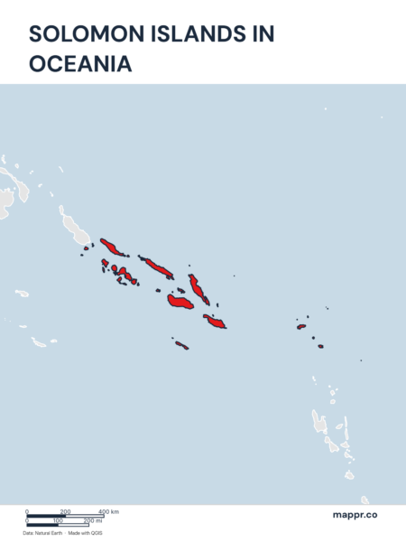 A map highlighting Solomon Islands's location on the oceanian continent.