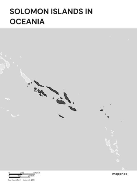 A map highlighting Solomon Islands's location on the oceanian continent (black and white).