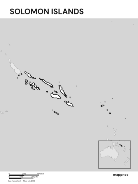 Outline map of Solomon Islands with detailed country borders (black and white).