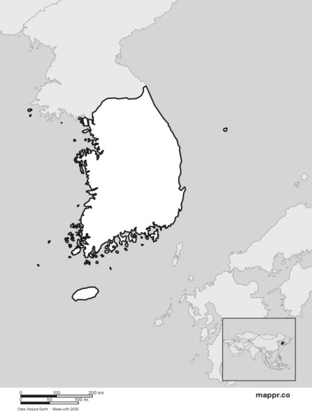 Blank political map of South Korea showing its international borders without labels (black and white).